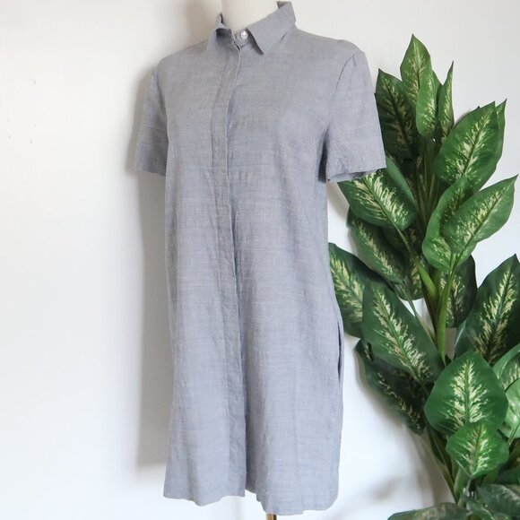 Theory Linen Gray Blue Button Down Short Sleeve Mini Shirt Dress Spring Summer S - Picture 3 of 13